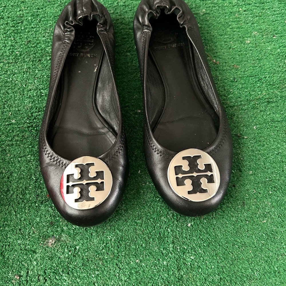 Tory Burch Black Flats with Silver Logo
